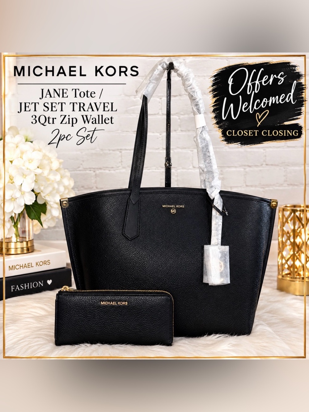 Michael Kors JANE Tote/JET SET TRAVEL 3Qtr Zip Wallet 2pc Set